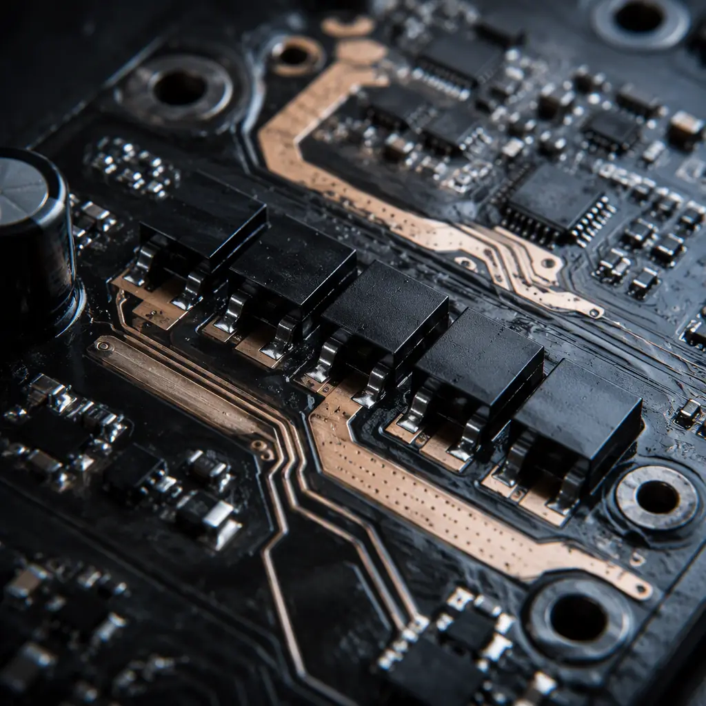 Close-up industrial photograph of a power tool motor controller PCB with heavy copper traces, MOSFET transistors, and conformal coating finish