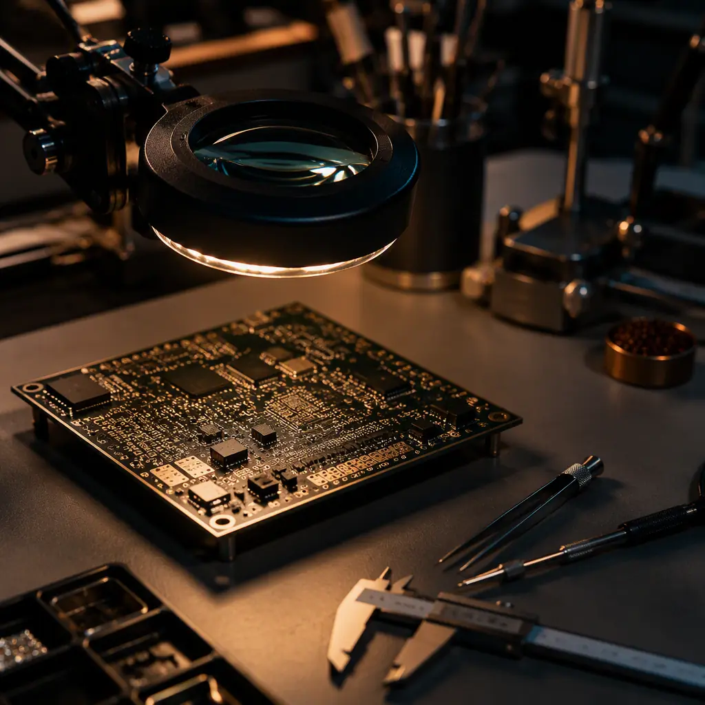 PCB quality inspection under magnifying lamp, technician examining board against IPC-A-600 checklist