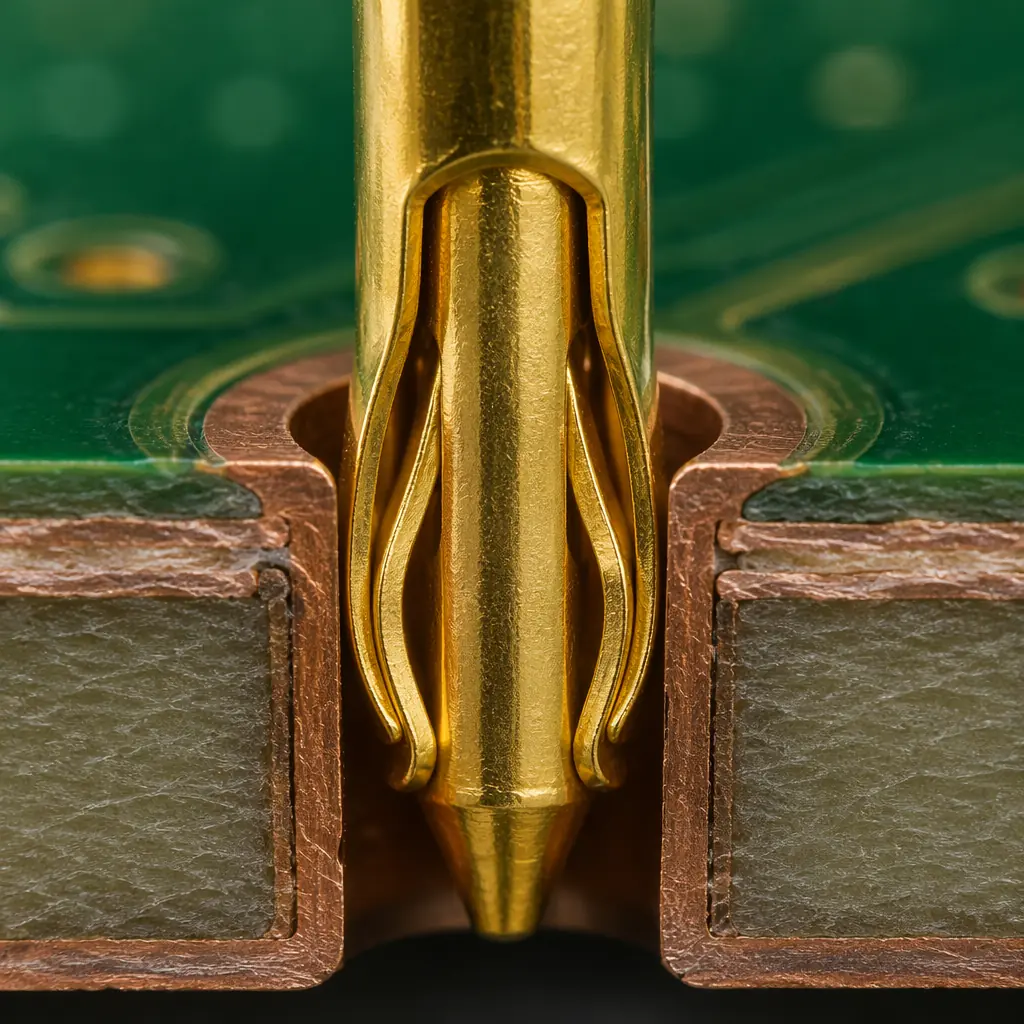 Close-up macro photo of compliant press-fit pin inserted into PCB plated through-hole, showing the eye-of-needle deformation creating gas-tight contact with barrel wall