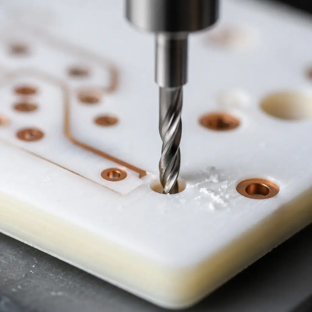 Macro close-up of precision drill bit entering PTFE substrate surface showing material deformation characteristics under angled factory lighting