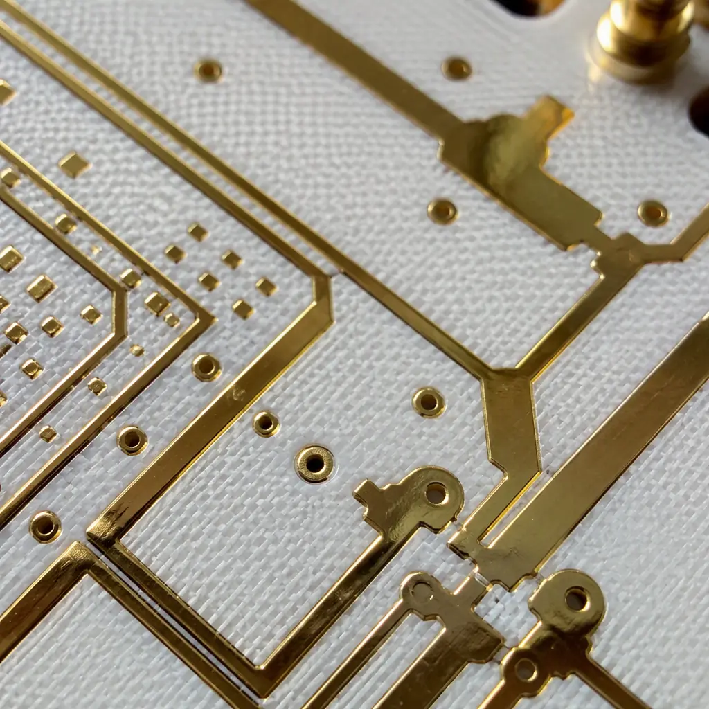 Photorealistic macro photo of PTFE-based PCB panel showing gold-plated RF traces and characteristic white-cream substrate color under factory lighting