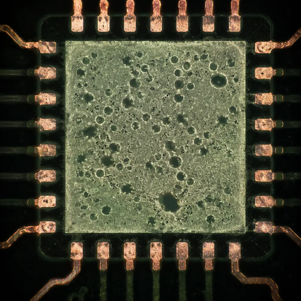 X-ray image of a QFN thermal pad showing solder voids distributed across the joint area