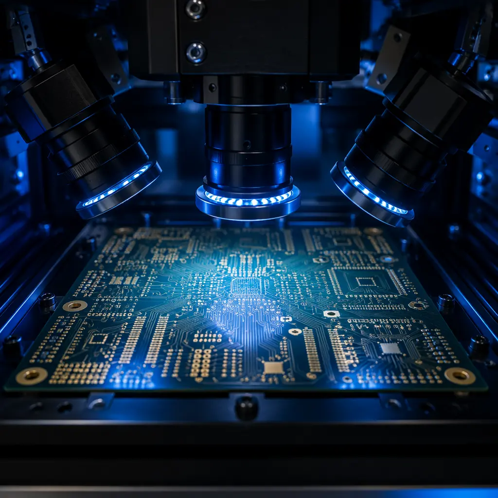 Automated Optical Inspection machine scanning bare PCB board with multiple camera angles, blue LED illumination, detecting solder defects and trace anomalies