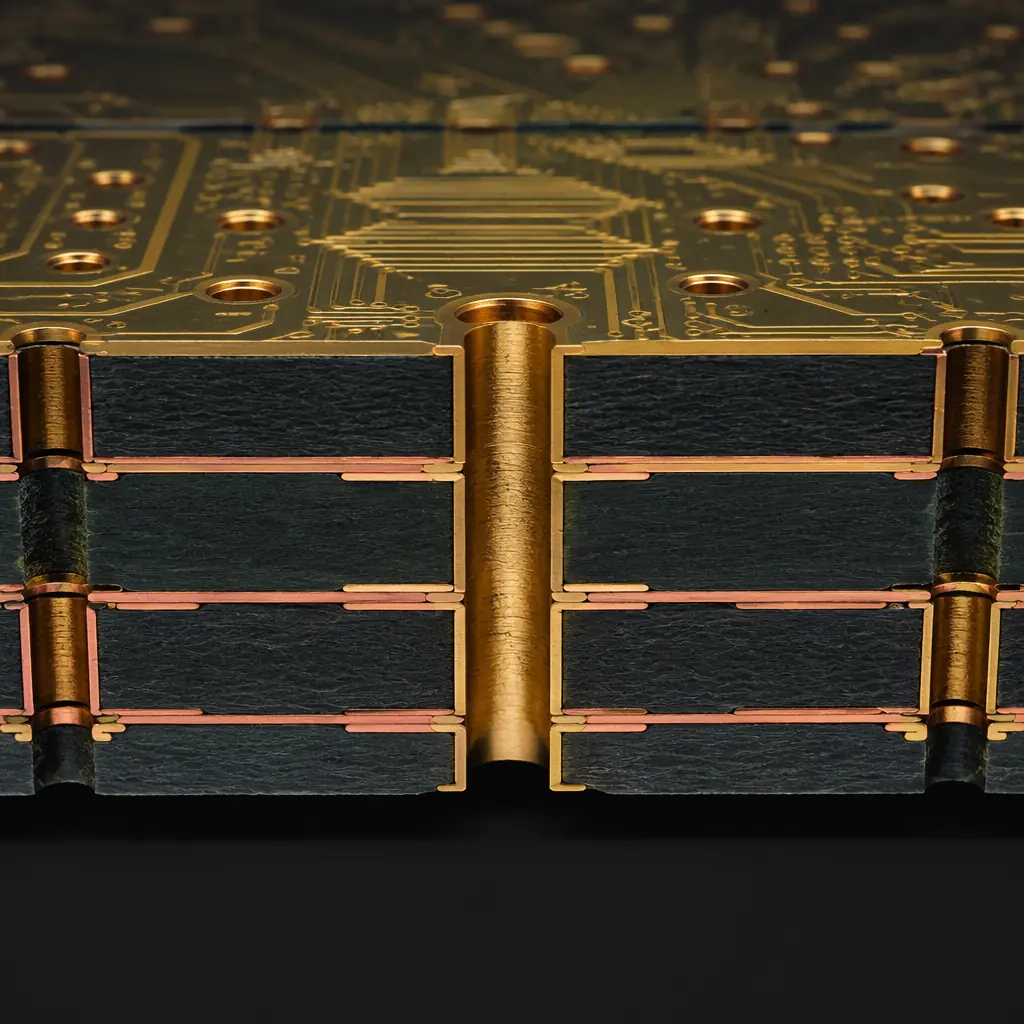 Photorealistic 3D cross-section render of multi-layer PCB showing copper traces, vias, and dielectric layers with gold ENIG surface finish under macro lens