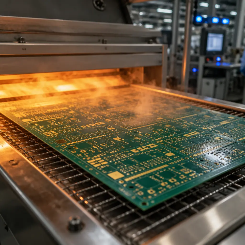 High-speed SMT placement line in PCB factory processing quick-turn order, pick-and-place machine placing components on circuit board under bright industrial lighting