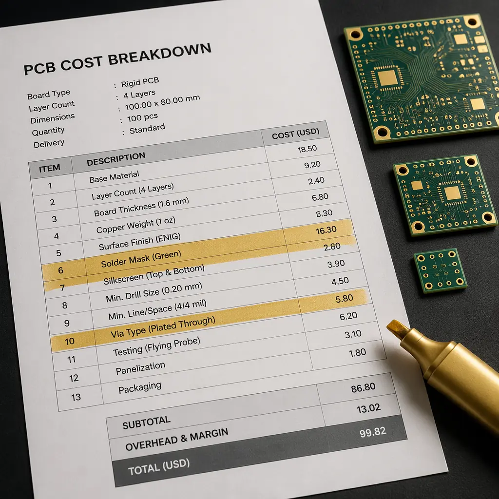 Close-up of a PCB quote document with red annotations highlighting individual line items and cost components