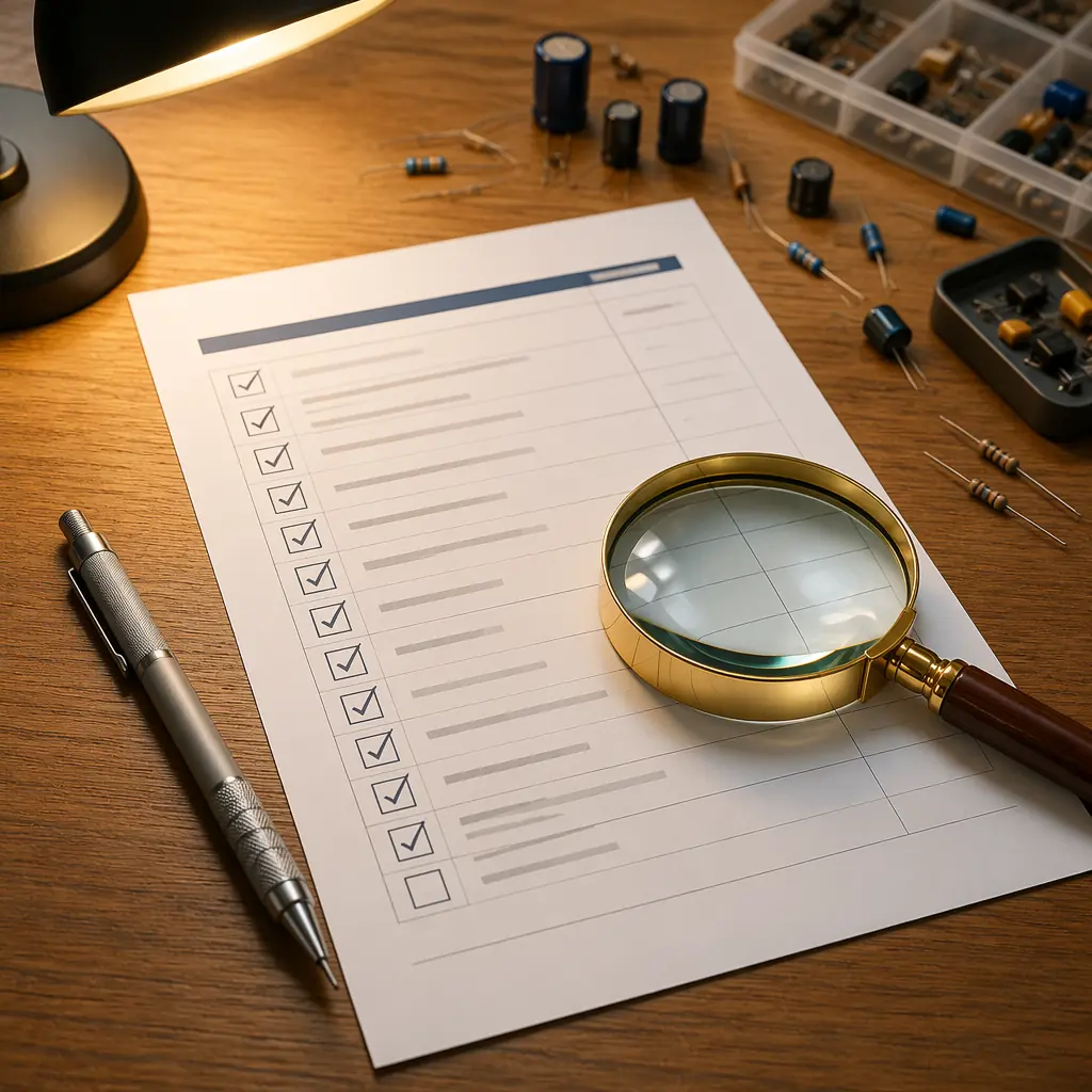 A clean desk with a PCB quote printed on paper, a red pen checklist, and a magnifying glass examining the fine print