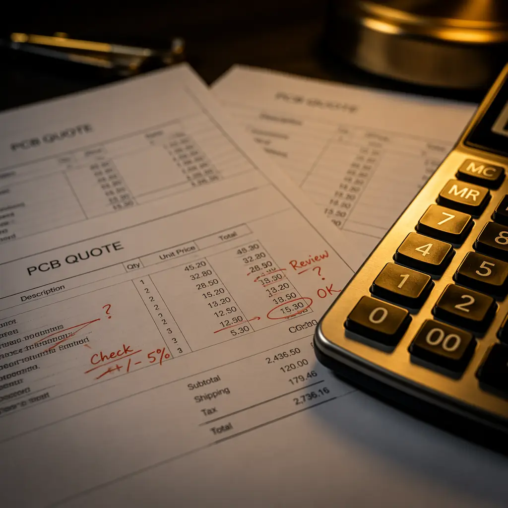 Multiple PCB quote documents side by side on a desk with calculator and red pen markings, professional procurement setting