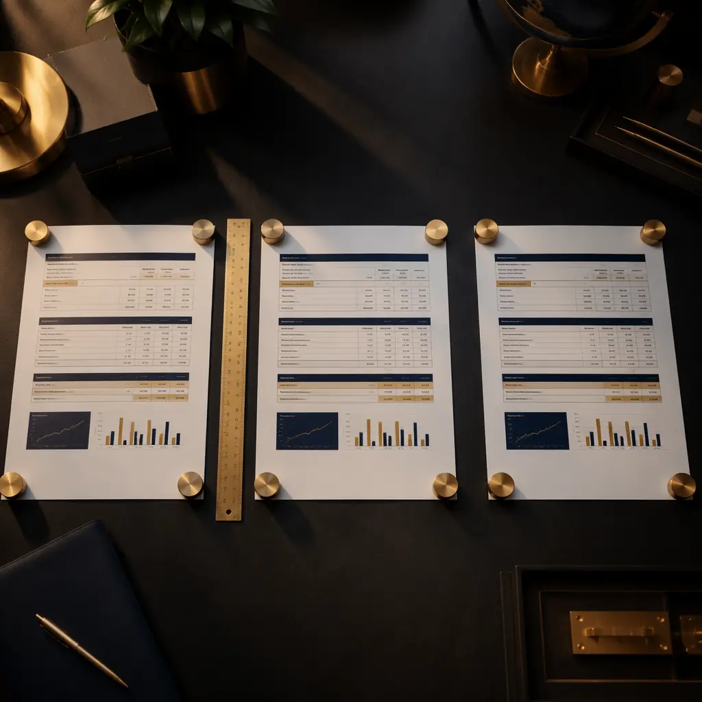Three PCB quote documents arranged side by side on a light table with a yellow highlighter, comparison analysis setup
