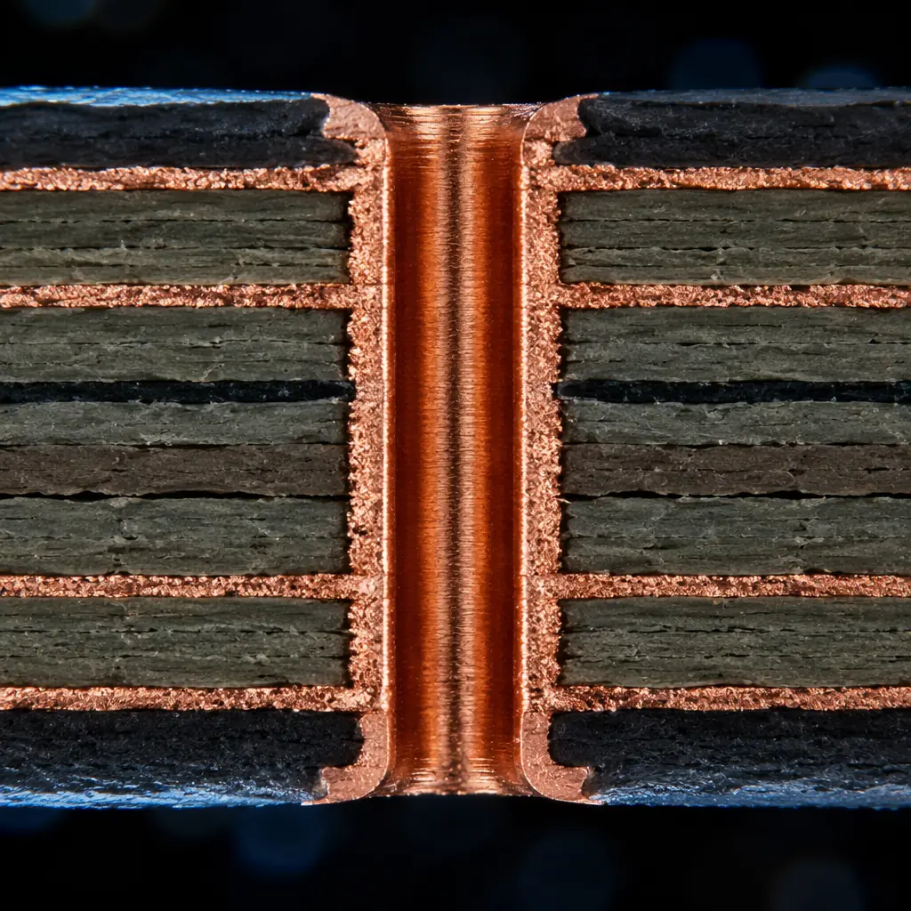 Photorealistic 3D cross-section render of high-reliability PCB showing multiple copper layers with thick dielectric for railway application