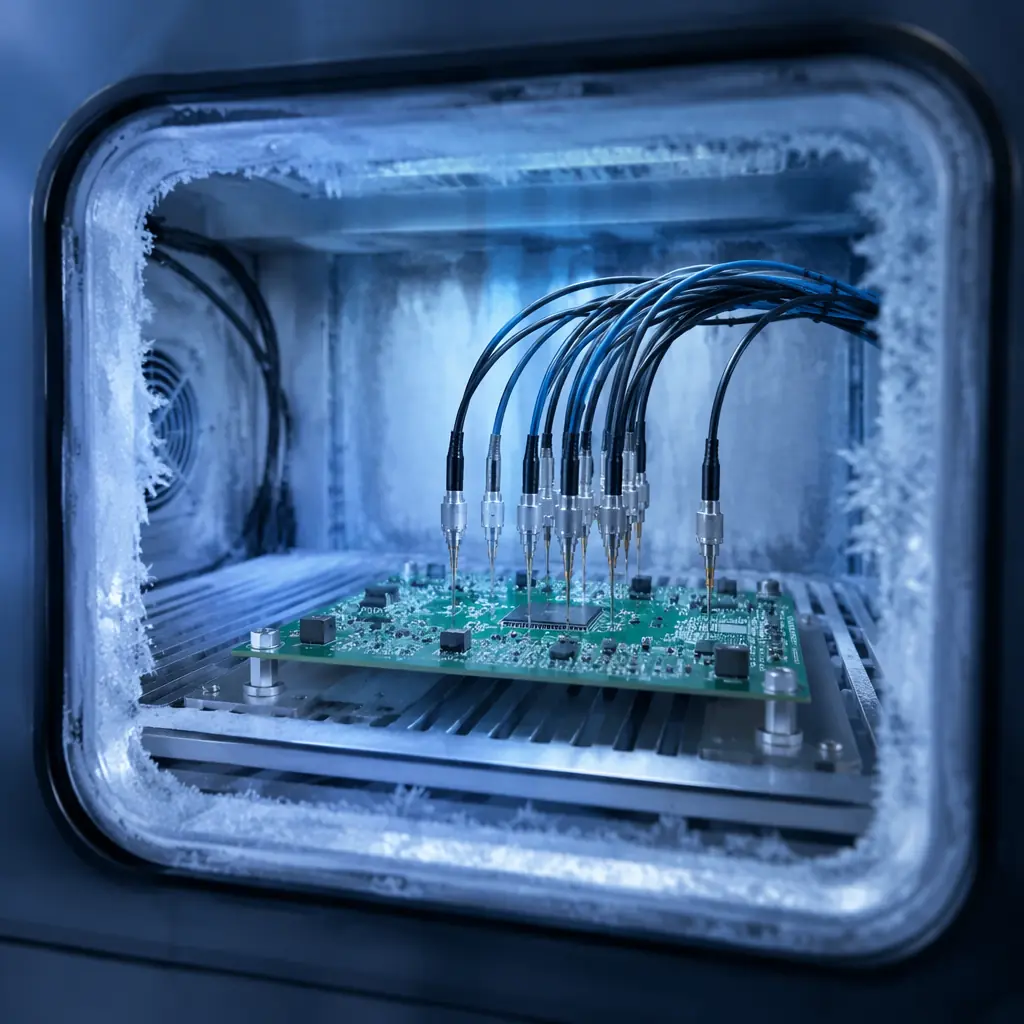 Railway PCB undergoing thermal shock testing in environmental chamber with measurement probes attached