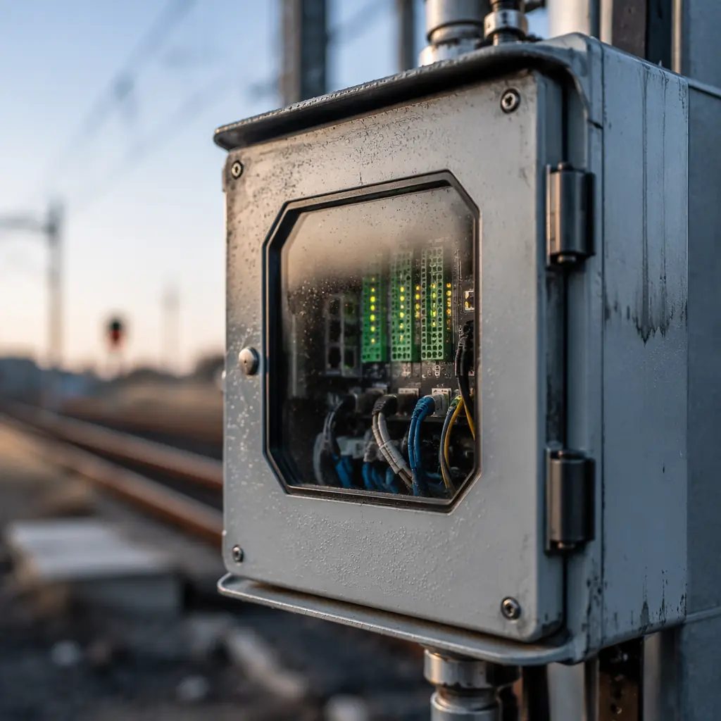 Railway trackside signaling cabinet with electronic control systems
