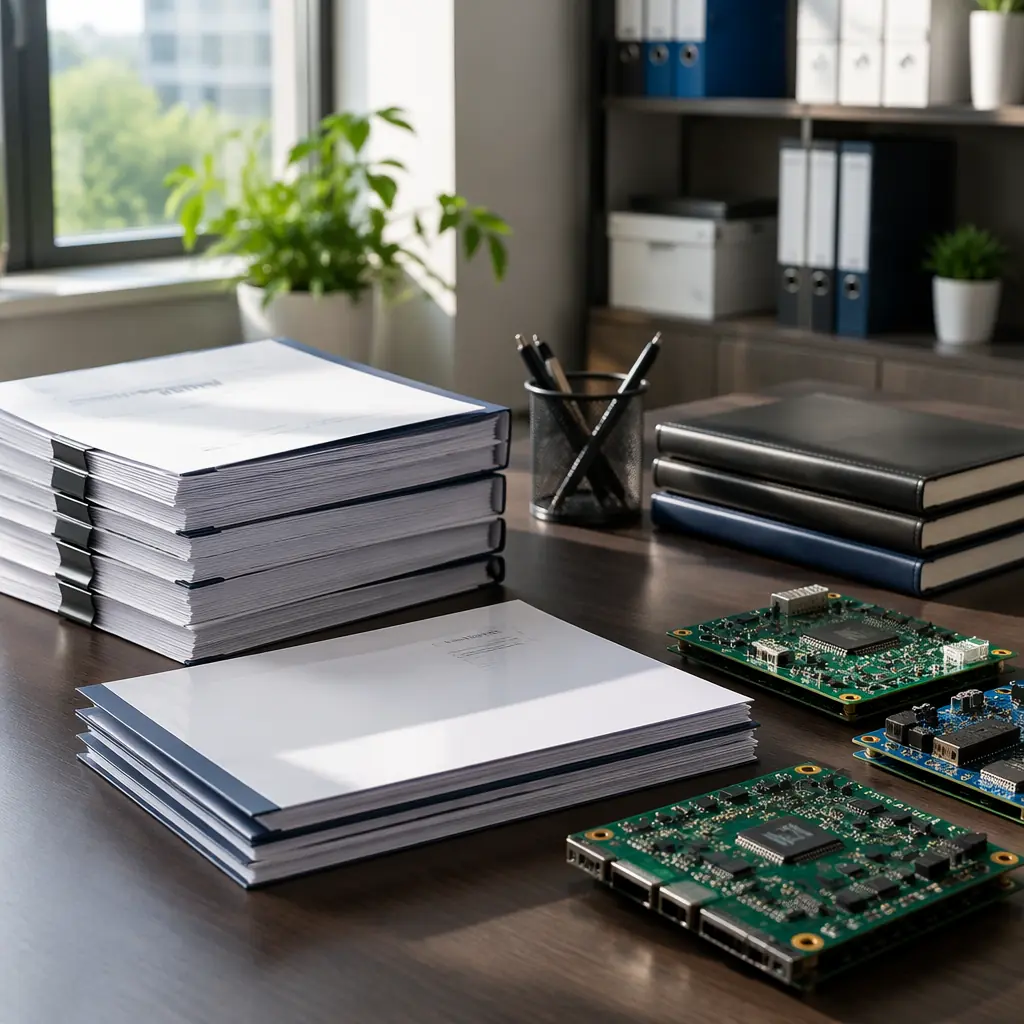 Compliance certification documents and test reports on a desk with PCB samples