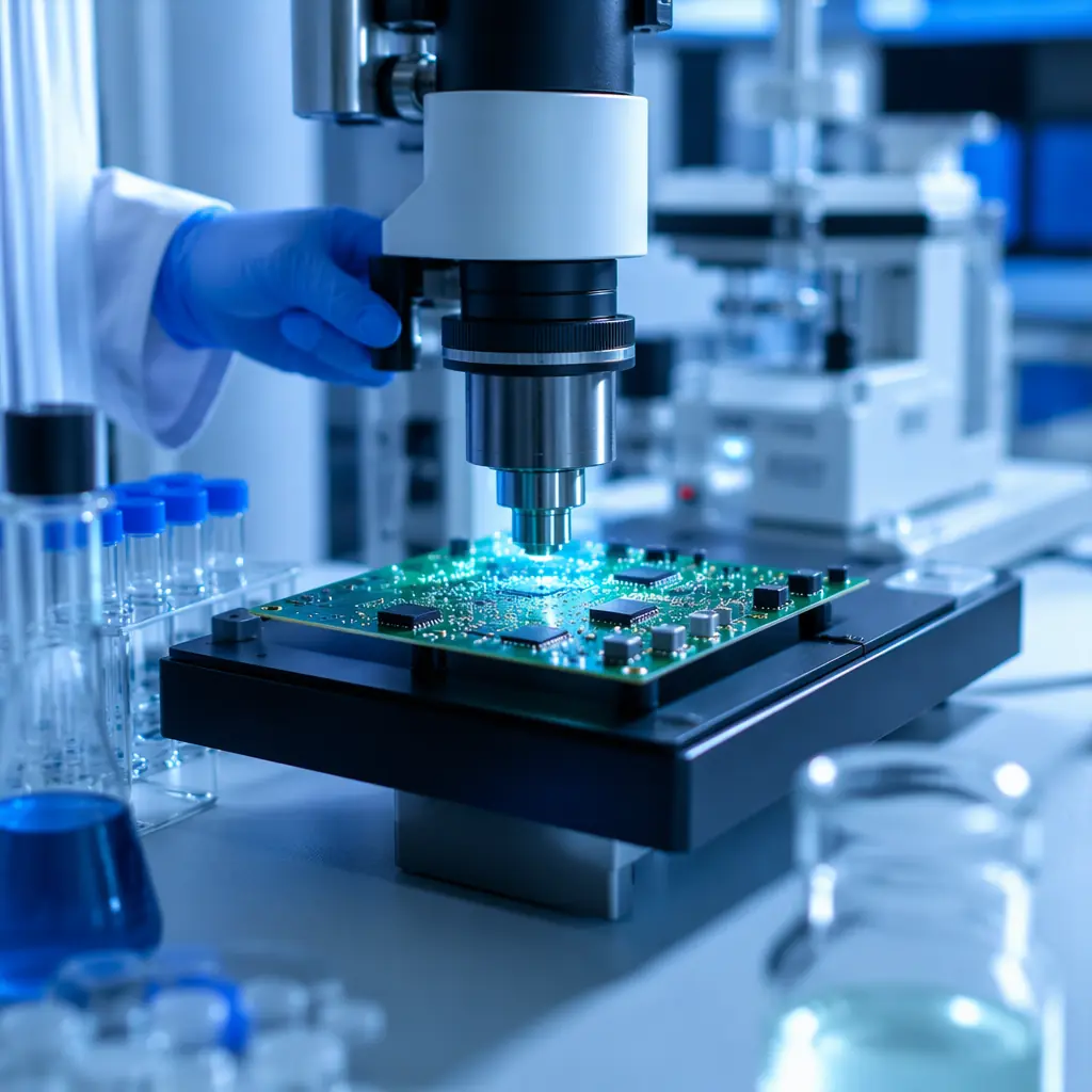 PCB undergoing chemical compliance testing in laboratory environment