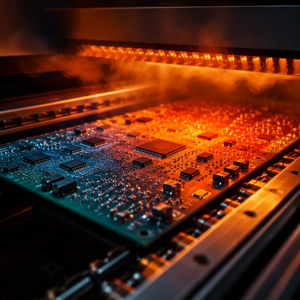 Reflow oven conveyor with PCB entering heated zone, visible thermal gradient on board surface