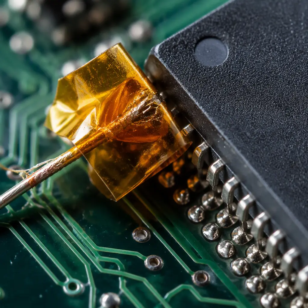 Close-up macro photo of thermocouple wire attached to BGA package corner with high-temperature Kapton tape on green PCB substrate
