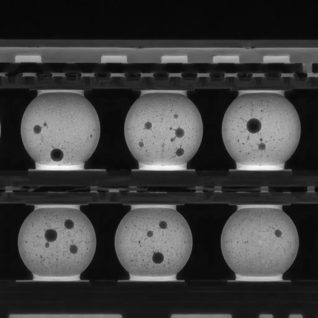 Grayscale X-ray micrograph showing BGA solder ball cross-sections with small round voids visible inside solder joints