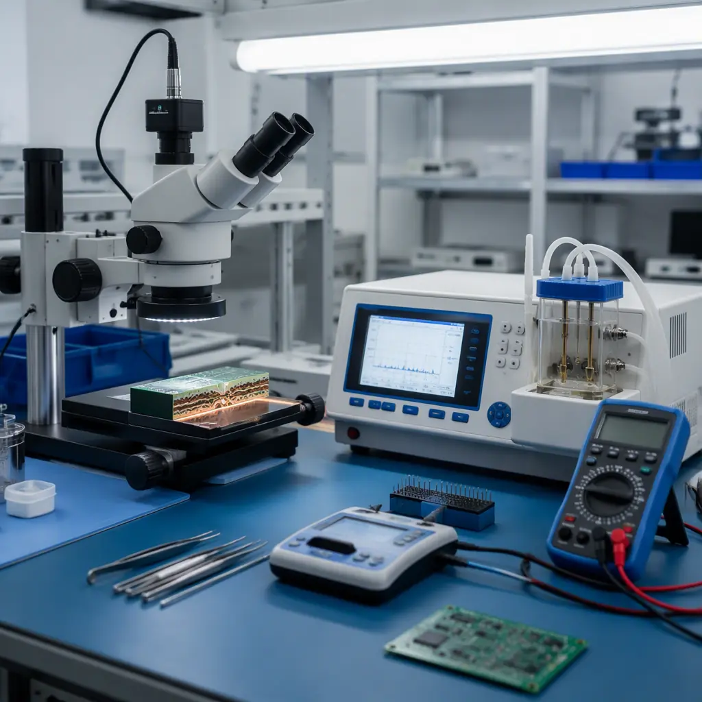 Clean electronics laboratory with cross-section microscope, ionic contamination tester, and calibrated measurement instruments on anti-static workbench