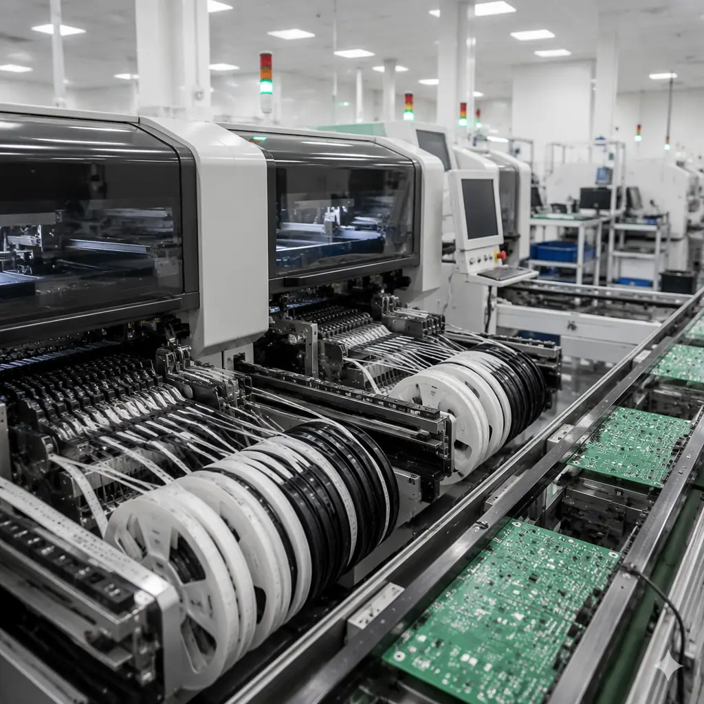 Wide-angle photograph of a clean SMT production line with pick-and-place machines, reflow ovens, and automated optical inspection stations in a modern PCB factory