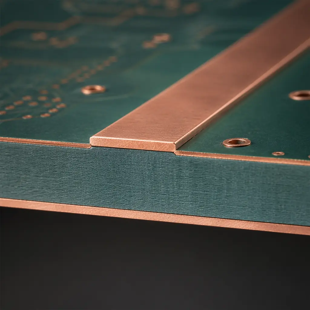 Photorealistic 3D cross-section render of RF PCB showing microstrip copper trace on Rogers substrate with precise dielectric layer and ground plane beneath