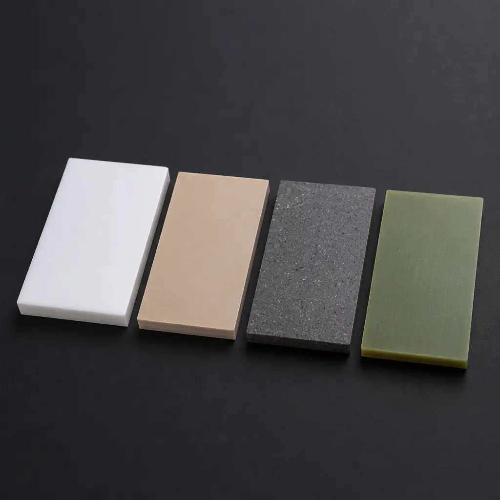 Four RF PCB substrate samples side by side on dark surface — PTFE white, Rogers RO4350B light tan, ceramic-filled dark gray, FR-4 greenish — showing distinct material textures under studio macro lighting