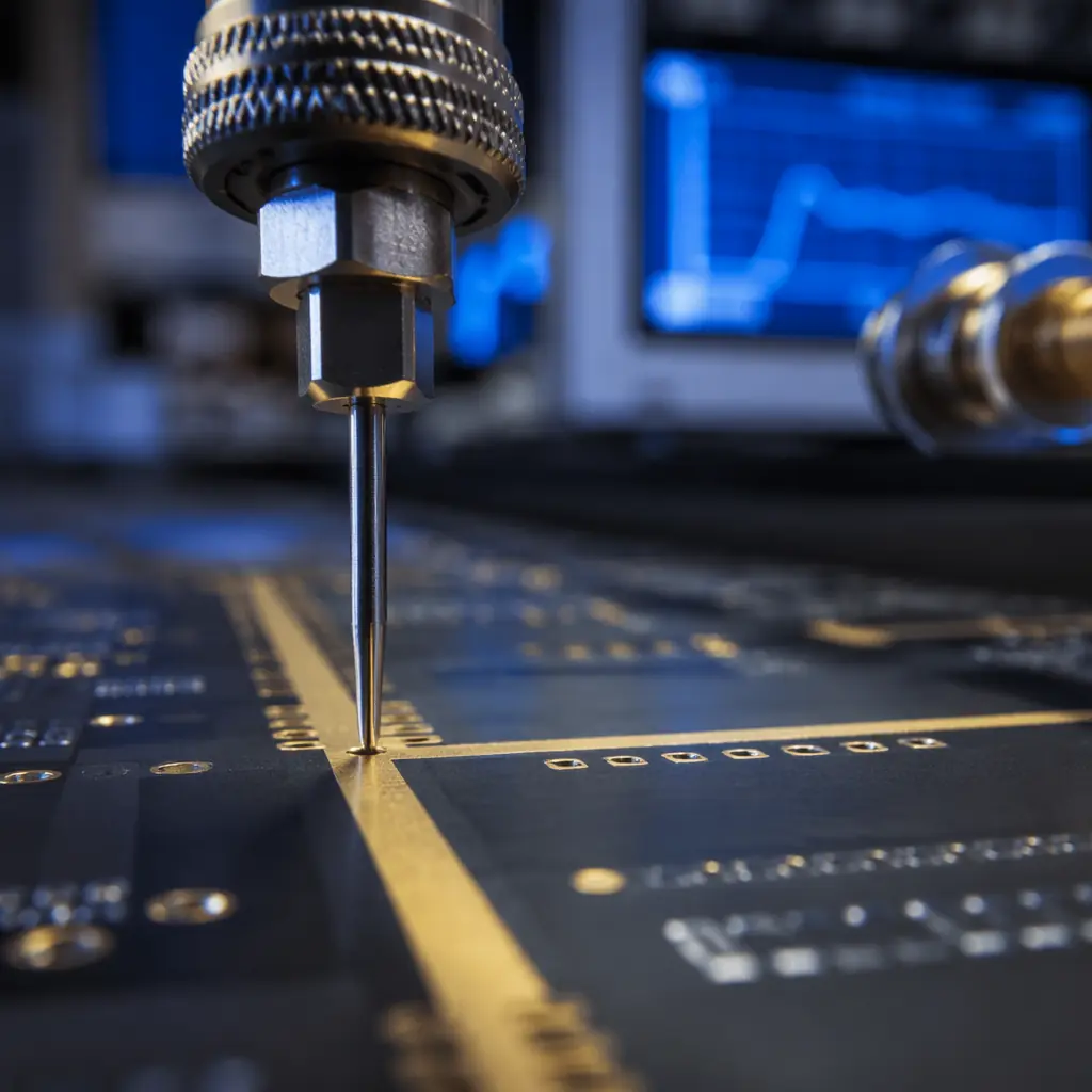 Close-up macro photo of RF PCB under TDR probe testing — gold-plated RF trace on dark Rogers substrate with impedance test coupon visible, probe needle making contact under controlled lab lighting