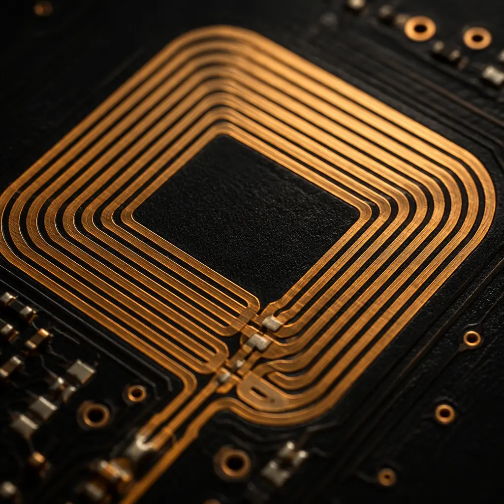 Macro photograph of a 13.56MHz NFC coil antenna etched on a PCB showing multiple turns and tuning pads