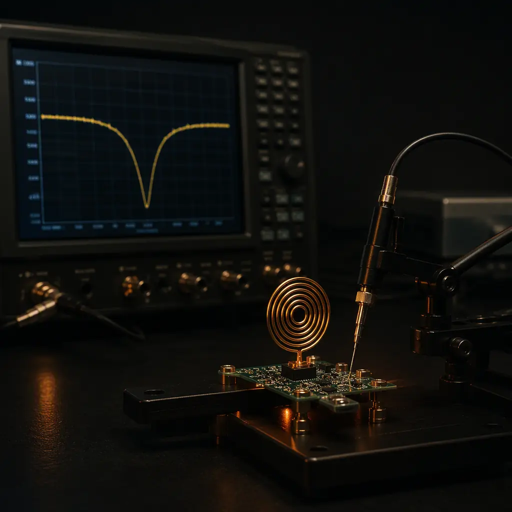 RF engineer measuring an NFC antenna PCB with a network analyzer and tuning probe