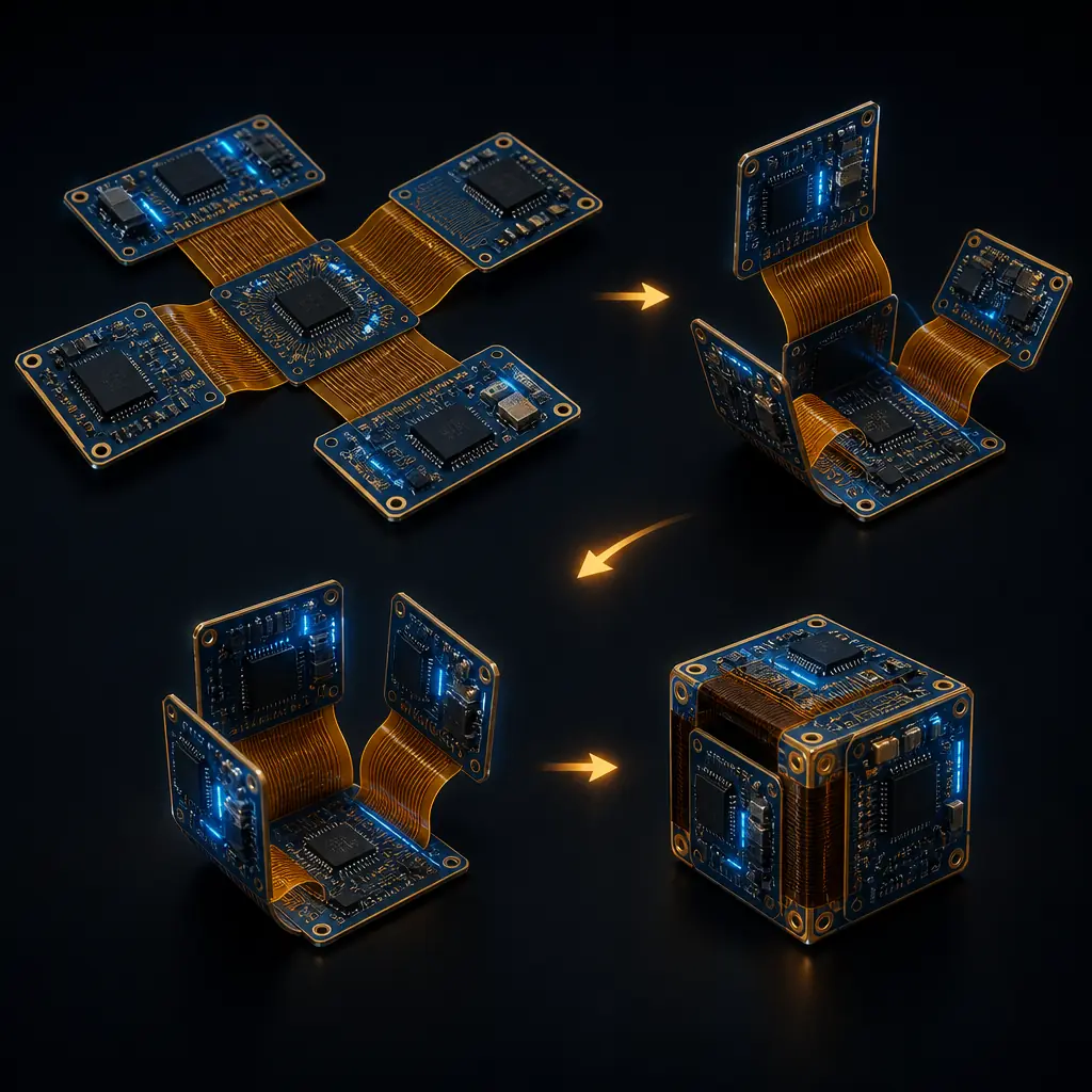 3D folding demonstration of a rigid-flex PCB showing how rigid sections fold into a compact enclosure