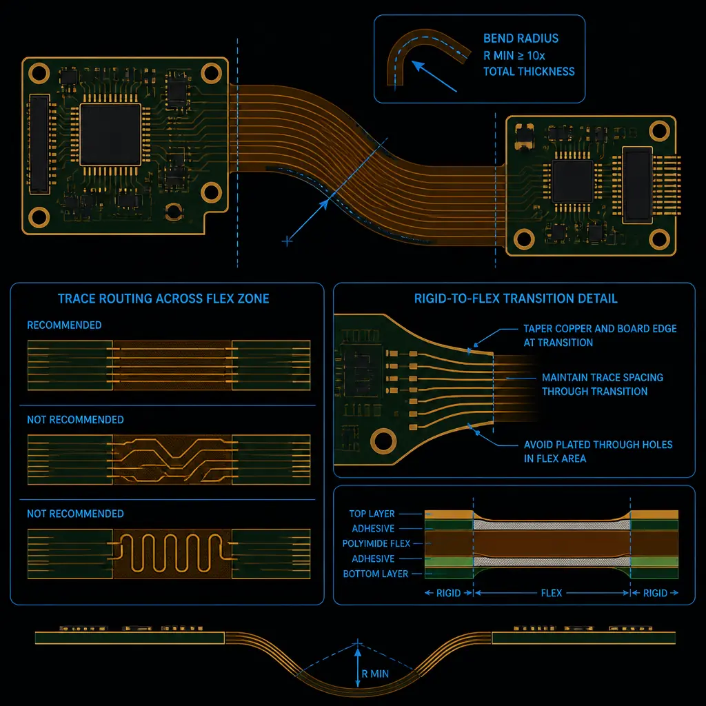 Visual guide showing rigid-flex PCB design rules: bend radius, trace routing, transition zone, and via placement