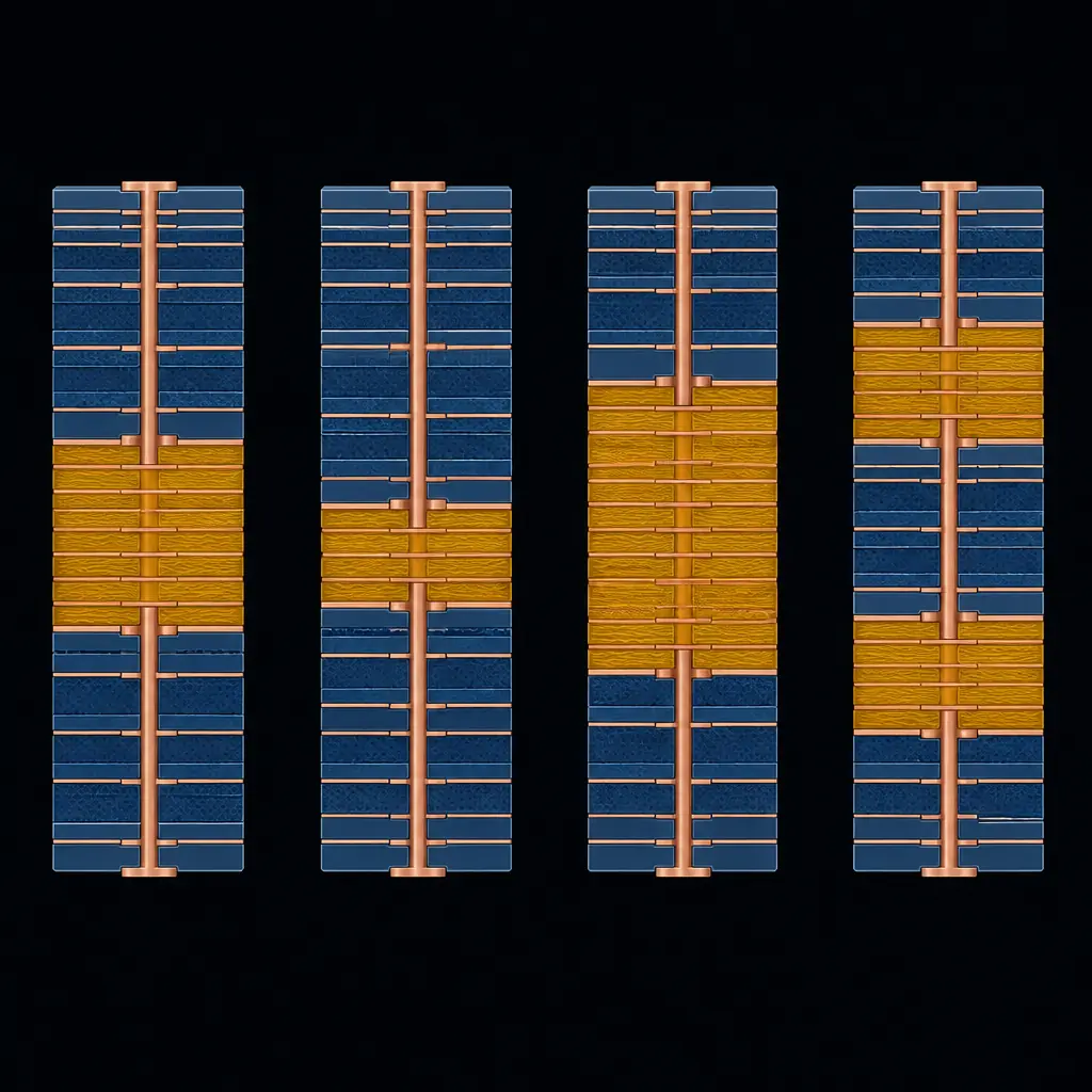 Rigid-flex PCB layer stack-up diagrams showing Type 1 through Type 4 configurations