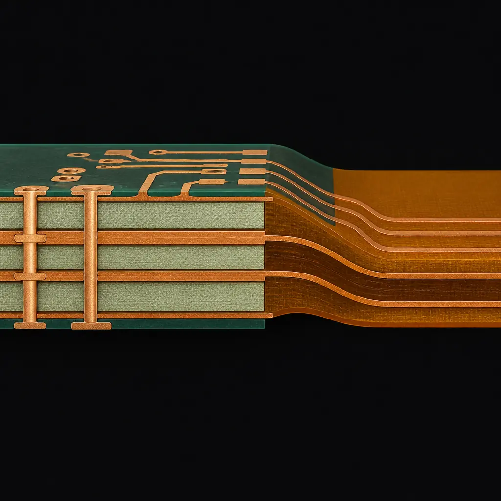 Cross-section diagram of a rigid-flex PCB showing rigid-to-flex transition zone with continuous copper layers