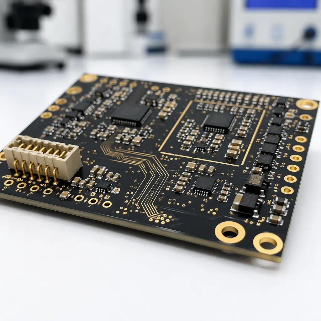 High-density robotics sensor interface PCB with differential pairs and isolated analog front-end, gold ENIG finish, macro detail showing fine-pitch components