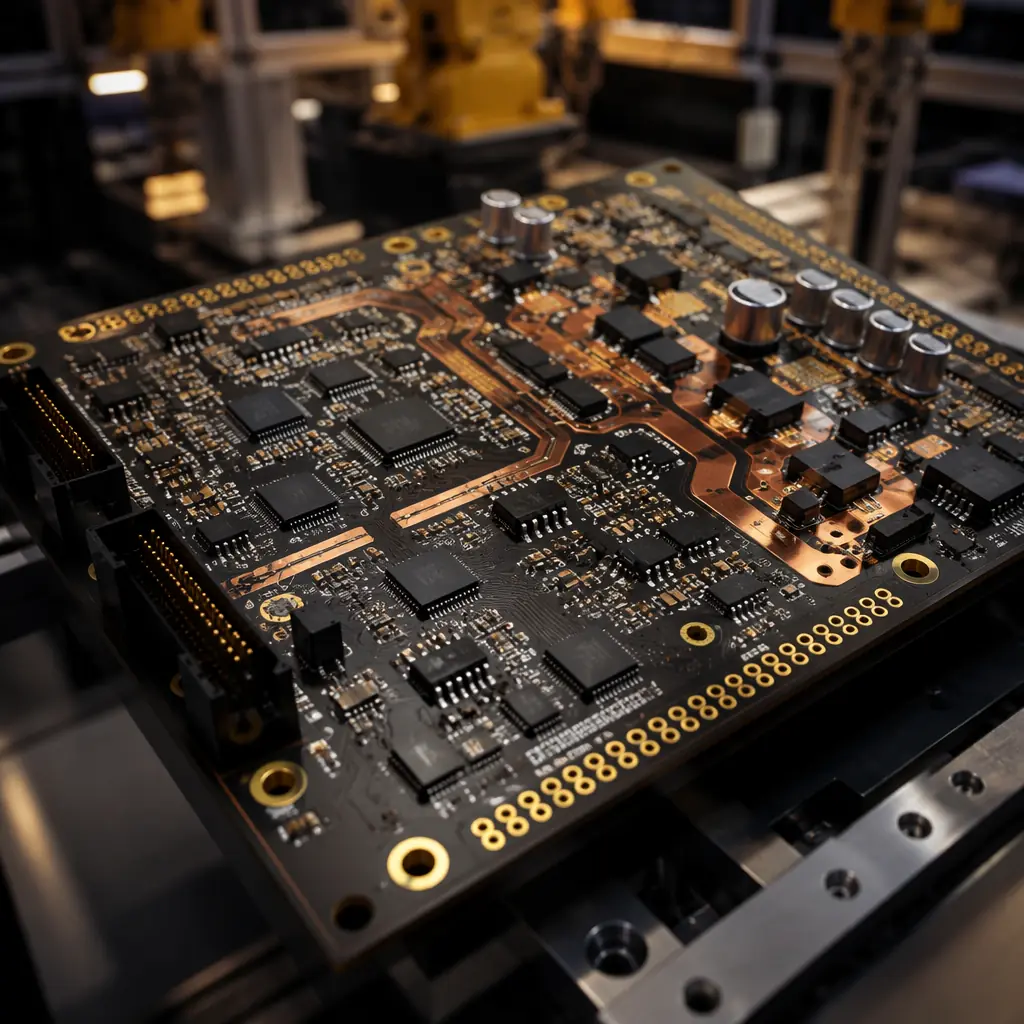 Industrial robot arm PCB with motor driver circuitry and heavy copper traces, macro close-up showing dense component layout with gold-plated connectors