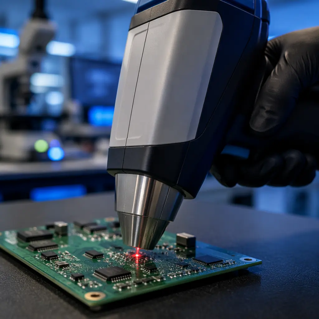 XRF analyzer scanning PCB for RoHS compliance in quality control laboratory
