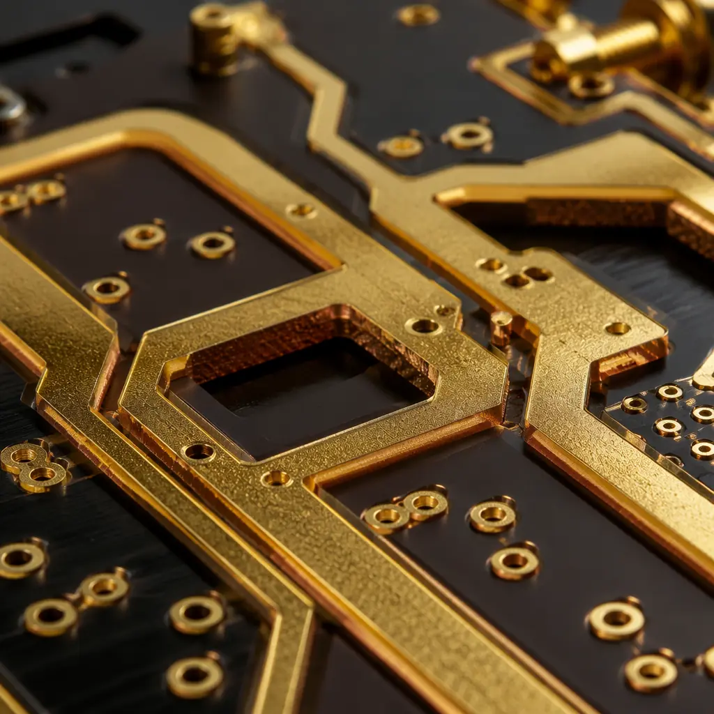 Multi-layer satellite communication payload PCB with gold-plated RF traces on low-outgassing substrate