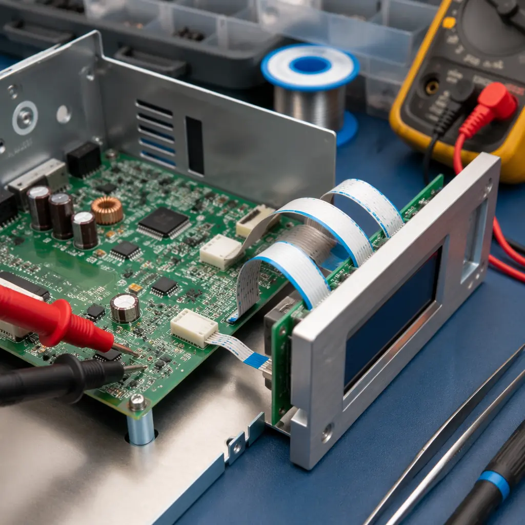 PCB box build assembly workstation with enclosure, cable harness and testing instruments