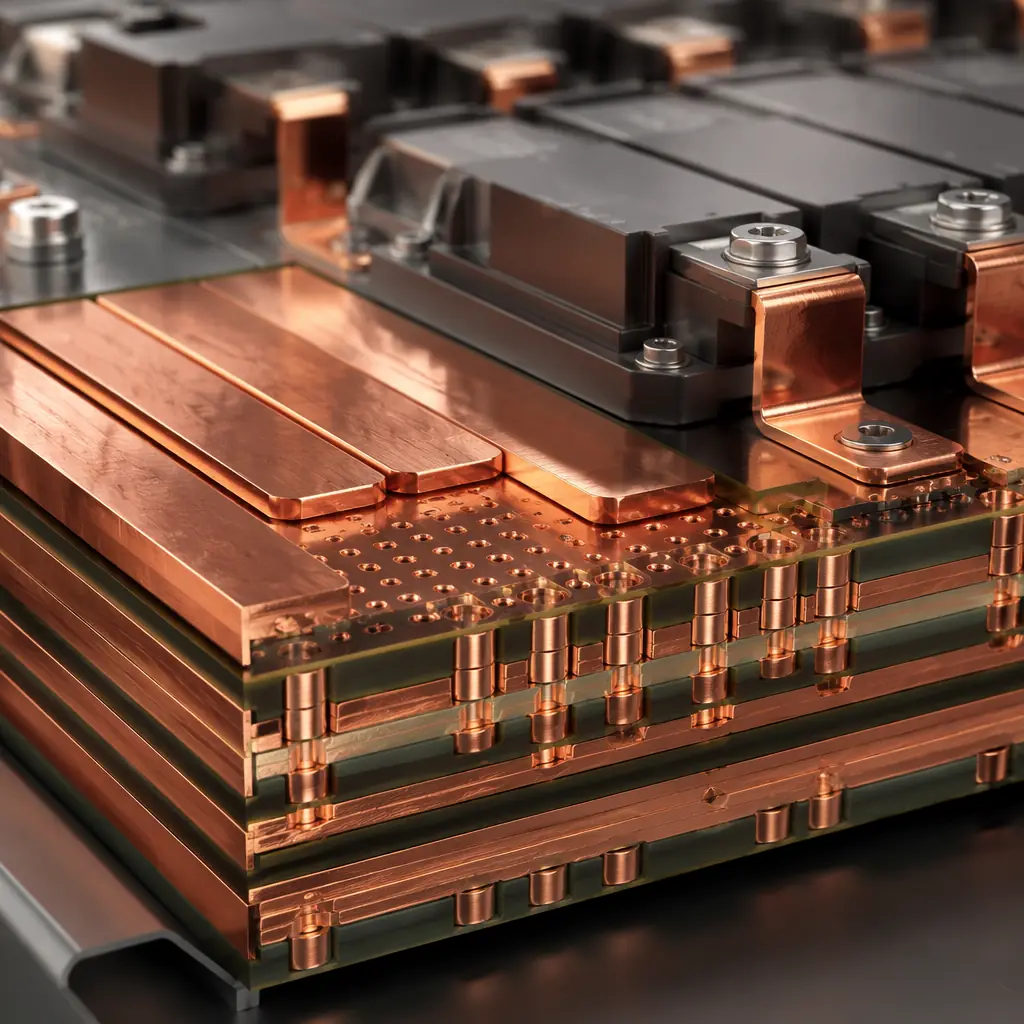 Solar inverter PCB power stage with heavy copper bus bars and IGBT modules