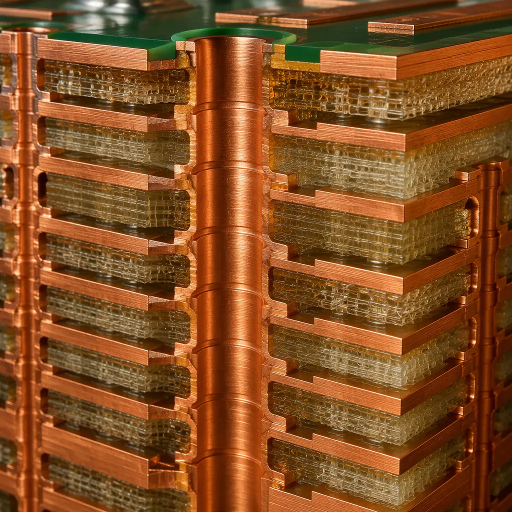 Close-up of heavy copper PCB layer stack with high-Tg substrate for power electronics