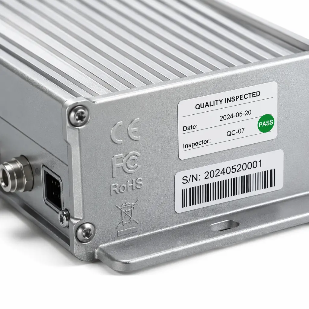 Finished electronic enclosure product with quality inspection labels