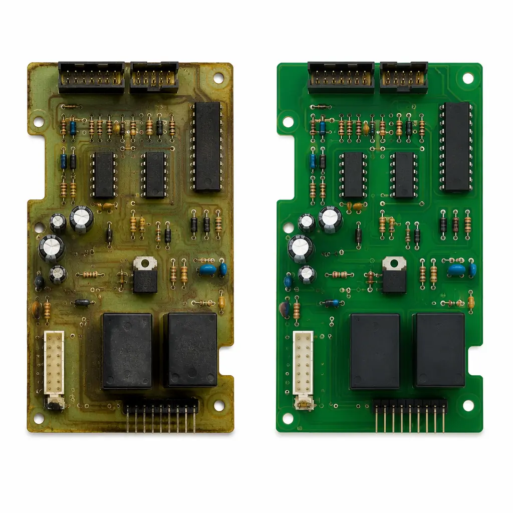Completed reverse-engineered PCB next to original donor board for comparison validation