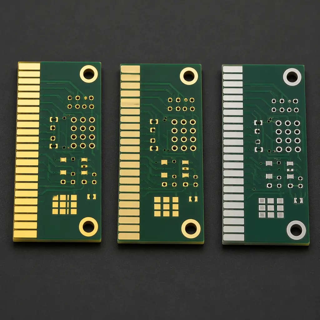 Three PCB test coupons side by side showing ENIG pads, hard gold fingers, and immersion silver RF traces under studio lighting