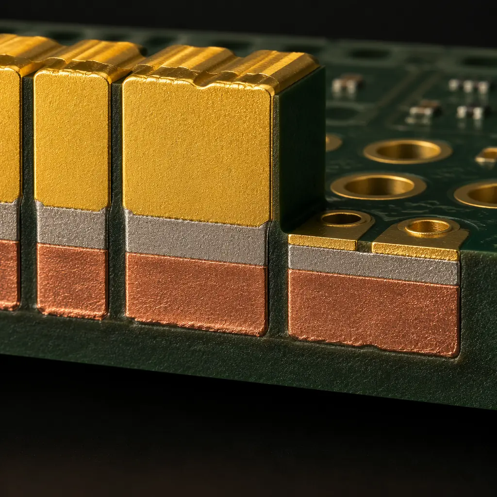 PCB edge connector fingers with hard gold plating transitioning to ENIG solder pads