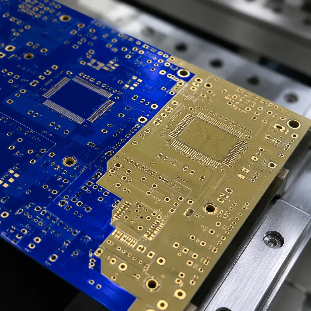 PCB with selective solder mask openings showing ENIG gold pads and OSP copper pads side by side on test coupon