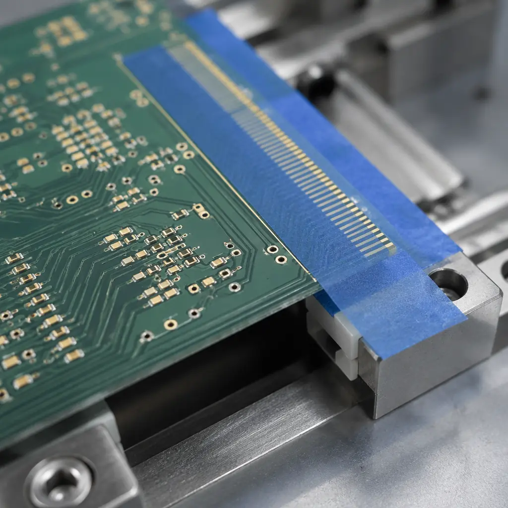 PCB manufacturing process showing selective gold plating masking tape on edge connector area before ENIG bath
