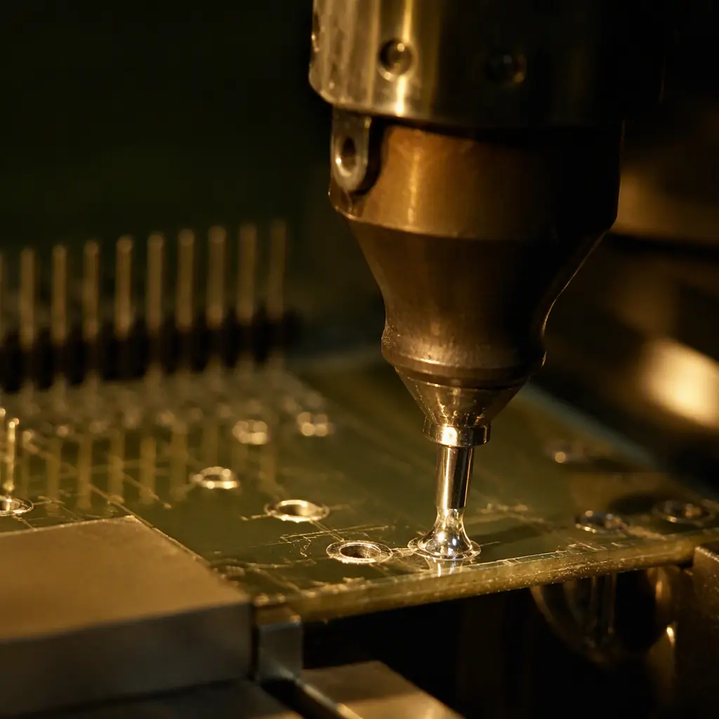 Close-up of selective soldering nozzle applying solder to individual through-hole pin on PCB