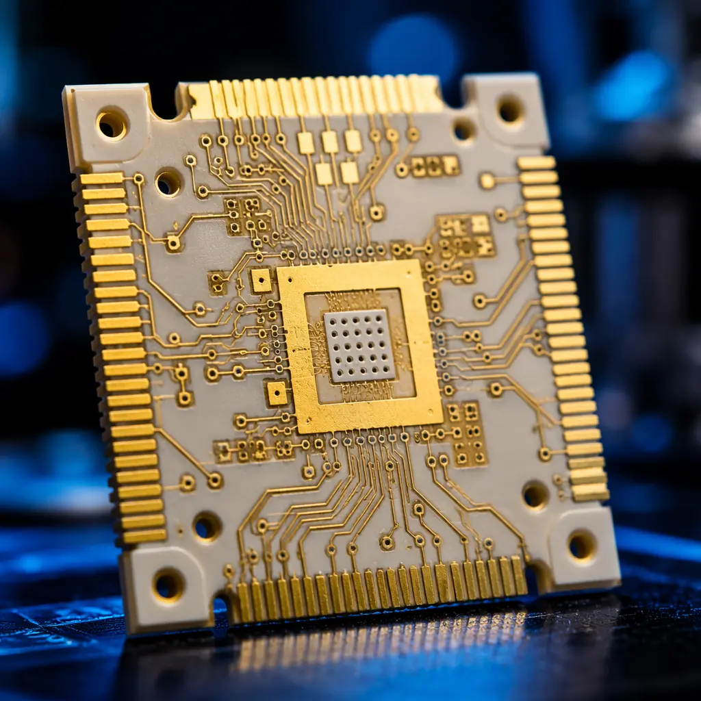 Photorealistic 3D render of a high-density multilayer PCB with gold-plated contacts inside a semiconductor wafer processing chamber environment