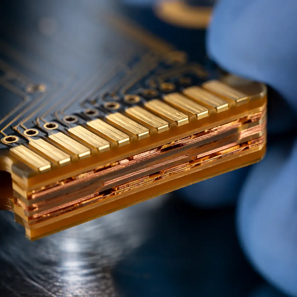 Macro photography of a gold-plated high-temperature PCB with ceramic-filled substrate, showing precision edge connectors for semiconductor equipment