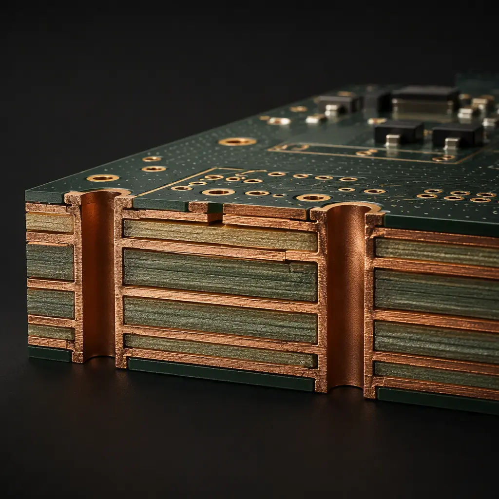Render of a printed circuit board stackup cross-section showing copper layers, dielectric core and solder-mask, displayed in an engineering analysis tool