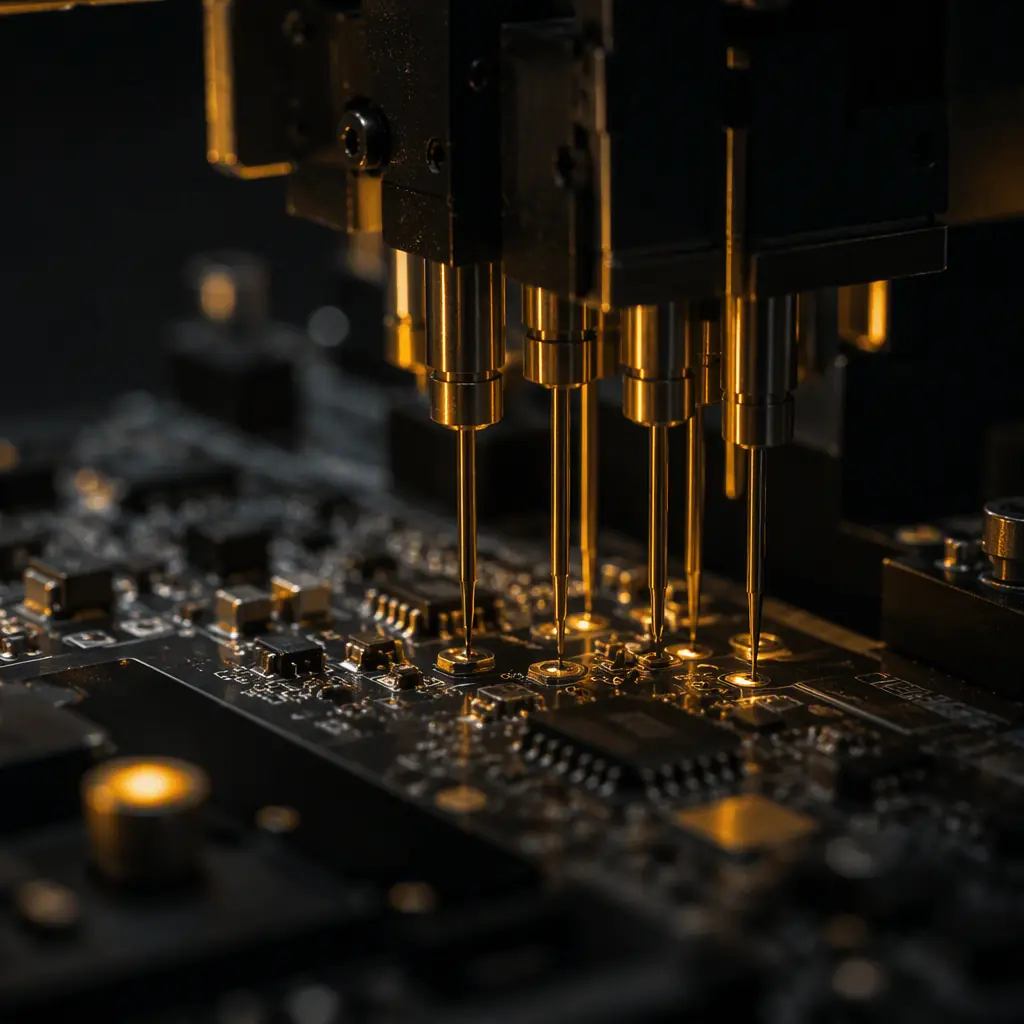 A test fixture with probes contacting test points on an assembled printed circuit board during in-circuit test verification
